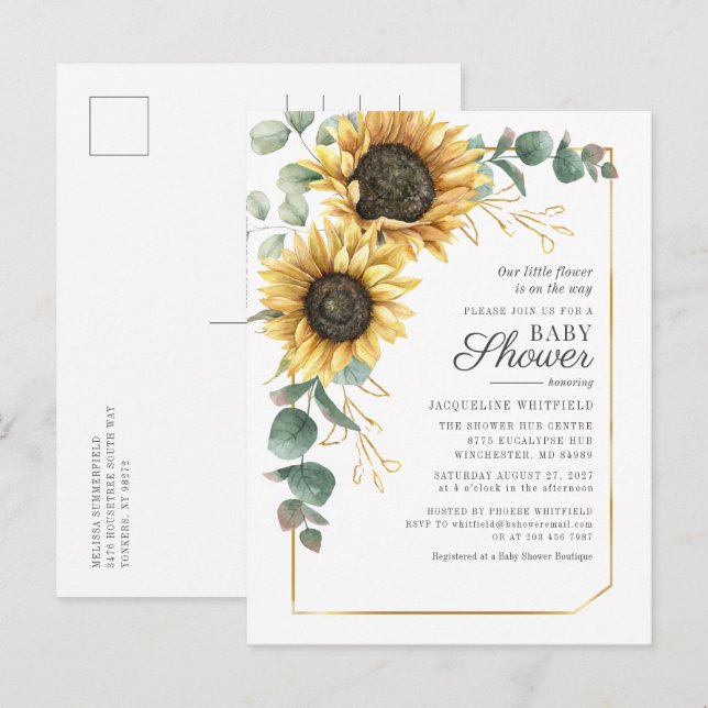 Blumensonnenblume Eukalyptus Greenery Baby Dusche Einladungspostkarte (Vorne/Hinten)