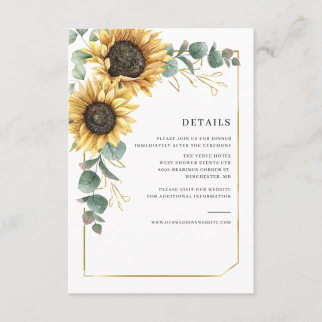 Blumensonnenblume Eukalyptus Hochzeitdetails Begleitkarte (Vorderseite)