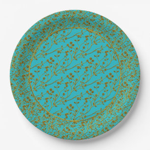 Blumenspray, GOLD-AQUA 6-PAPIERE-PARTY-TELLER Pappteller