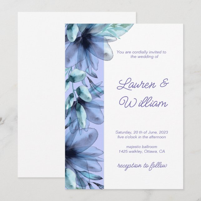 Blumenstaubblauer violetter Hochzeitsinvestit Einladung (Vorne/Hinten)