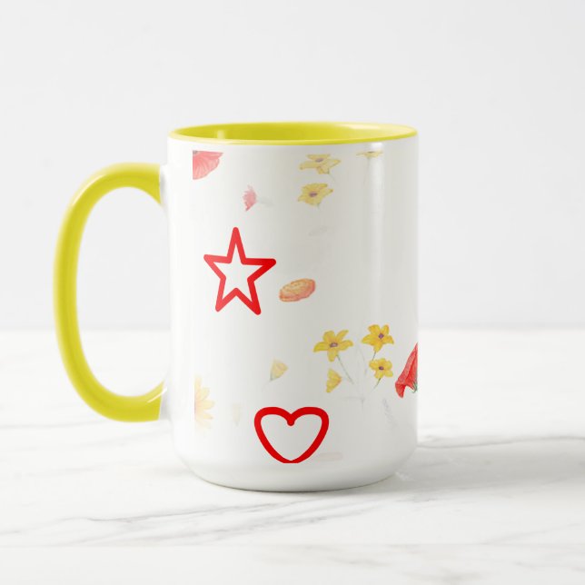 Blumenstern & Herz-Tasse - Helle Sonnenblumen & Ro Tasse (Links)
