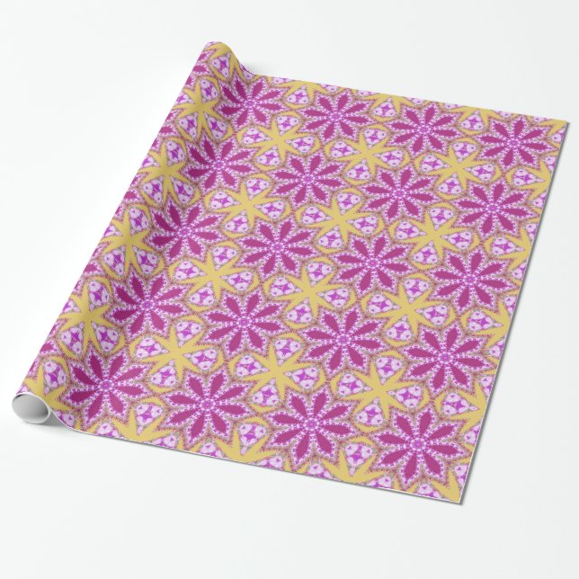 Blumensterne Fuchsirosa gelbes Muster giftpapier Geschenkpapier (Ungerollt)