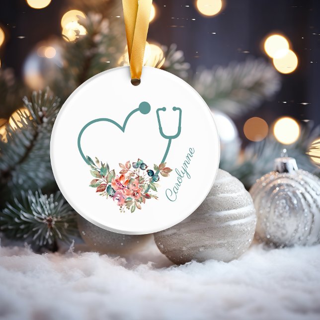 Blumenstethoskop Herz Medizin Krankenpflege Keramik Ornament (Teal Turquoise Floral Stethoscope Heart Medical Nurse Caregiver Ceramic Ornament)