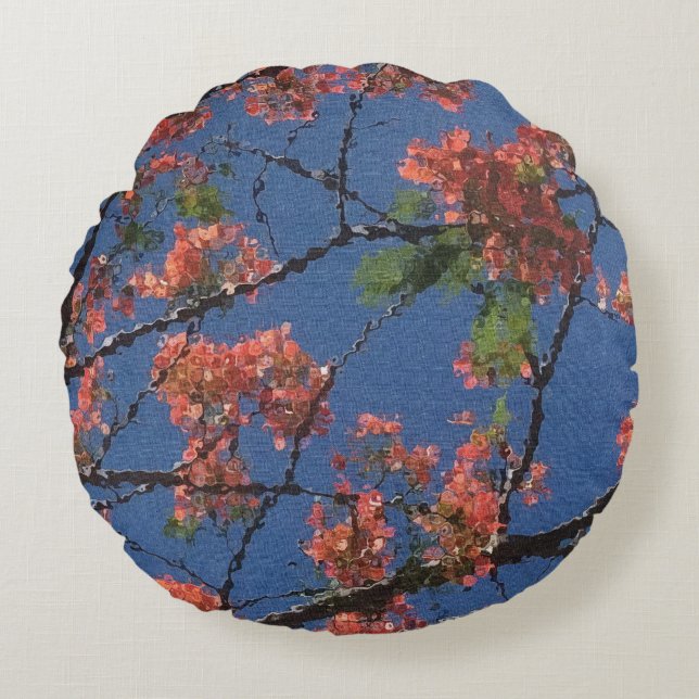 Blumenstoffe, blau rundes kissen (Vorderseite)