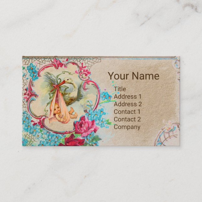 BLUMENSTORK BABY SHOWY PINK ROSE MONOGRAM Kraft Visitenkarte (Vorderseite)