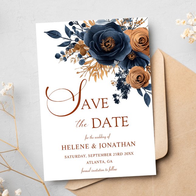 Blumenstrasse Blauen Garten Parco delle camelie Lo Save The Date (Floral Navy Blue Terracotta Garden Elegant Wedding Save The Date)