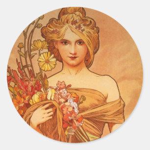 Blumenstrauß Alphonse (Alfons) Mucha Runder Aufkleber