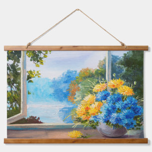 Blumenstrauß auf dem Fensterbrett Wandteppich Mit Holzrahmen