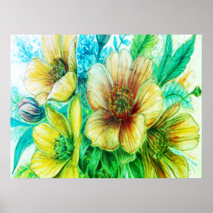 Blumenstrauß aus grün blühenden Blumen an einer Wa Poster