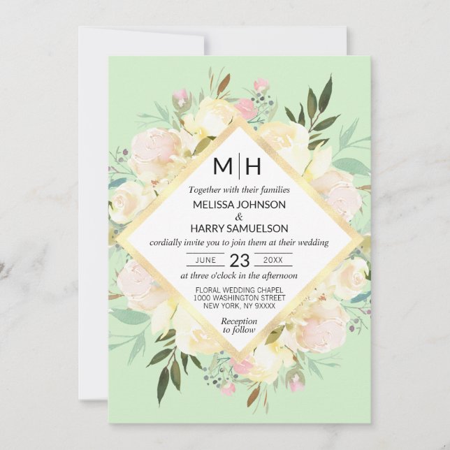 Blumenstrauß-Bouquet Pink Mint Gold Hochzeit Einladung (Vorderseite)