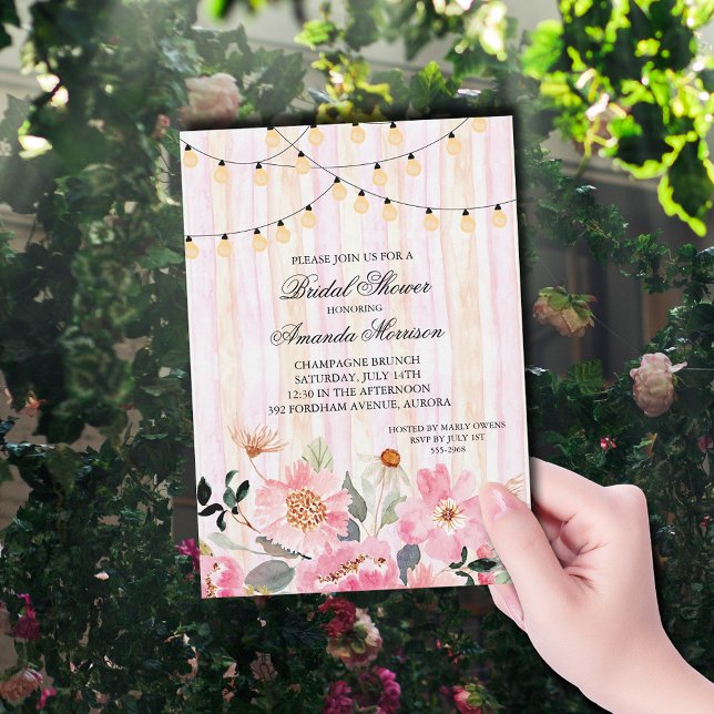 Blumenstrauß-Brautparty Einladung (String of lights and pink garden flowers bridal shower invitations)