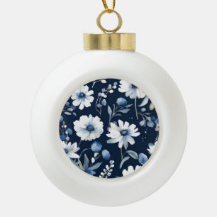 Blumenstrauß Elegante Aquarellmalerei Blau Keramik Kugel-Ornament