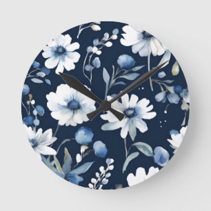 Blumenstrauß Elegante Aquarellmalerei Blau Runde Wanduhr