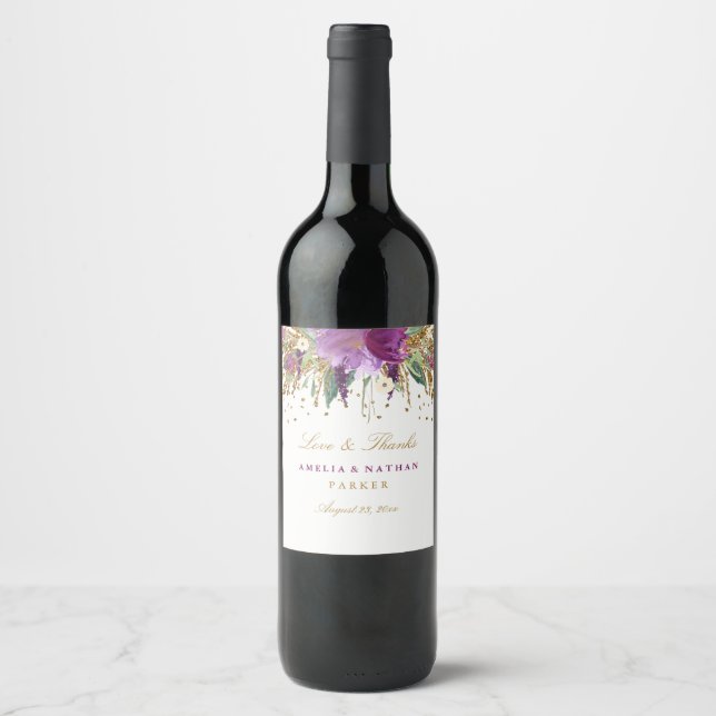 Blumenstrauß-Glitzer Amethyst Wedding Wine Label Weinetikett (Vorderseite)