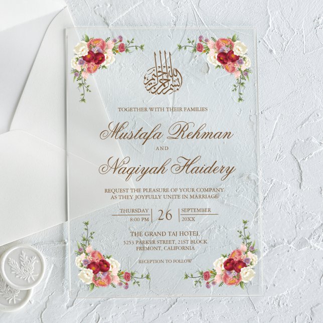 Blumenstrauß-Grenze Islamische Hochzeit im Vintage Acryleinladungen (Von Creator hochgeladen)