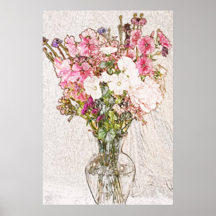 Blumenstrauß im klaren Vasenbleistift-Skizzeplakat Poster