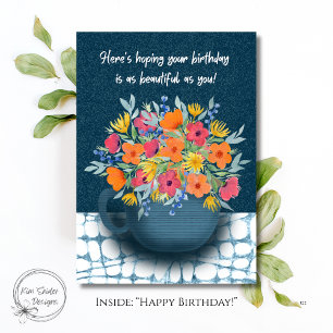 Blumenstrauß in einer Navy-Blue-Tasse zum Geburtst Karte