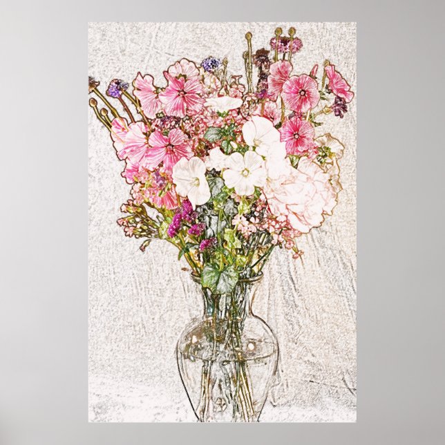 Blumenstrauß in Klarvase-Bleistiftplakat Poster (Vorne)