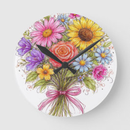 Blumenstrauß - Kritzelstil Kunst Runde Wanduhr