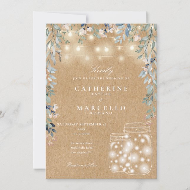 Blumenstrauß Light Mason Jar Rustic Kraft Wedding Einladung (Vorderseite)