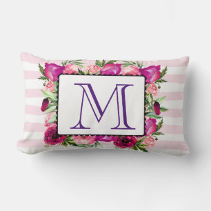 Blumenstrauß-Monogramm aus rosa Rose und Mohn Lendenkissen