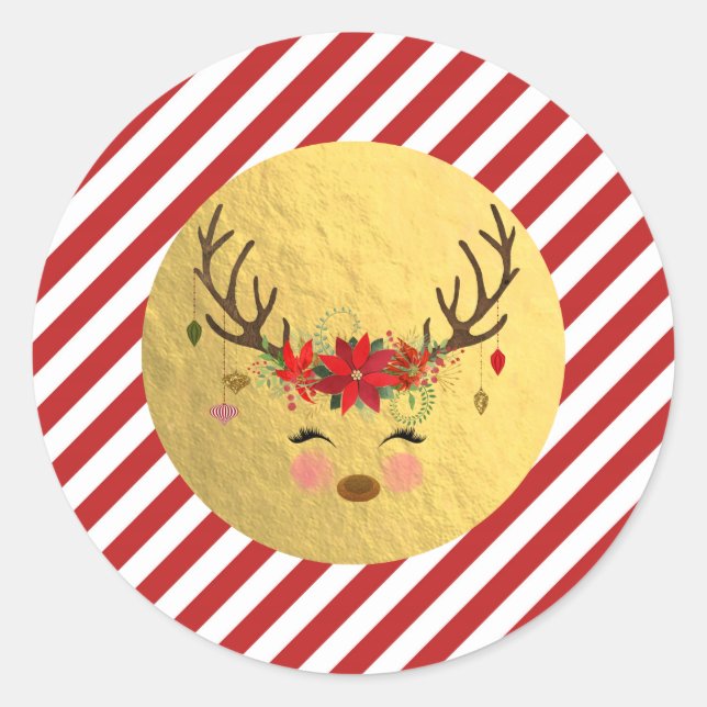 Blumenstrauß Rentier Weihnachten Rote Streifen Gol Runder Aufkleber (Vorderseite)