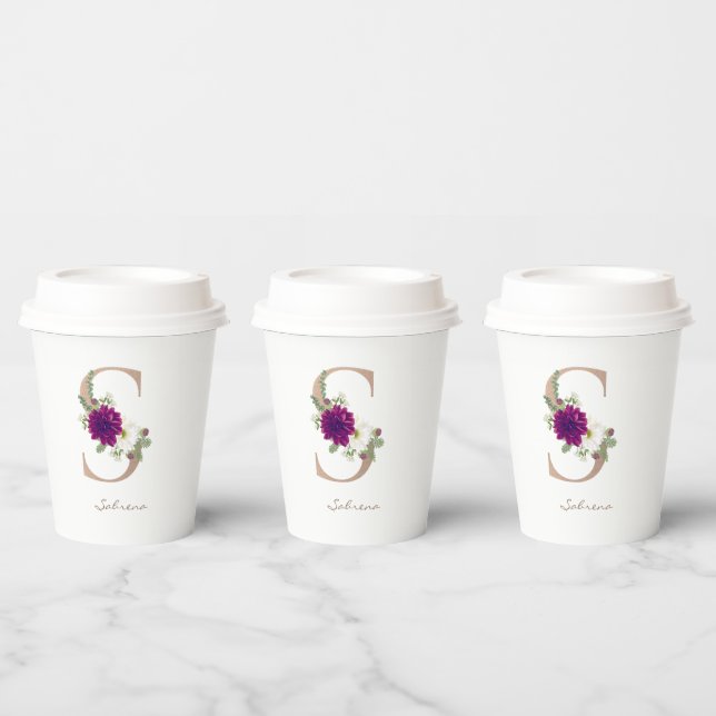 Blumenstrauß-Rose, goldfarben, monogramm, S Pappbecher (Multi)