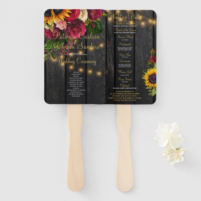 Blumenstrauß, rustikales Holz, goldene Lichter Hoc Fächer (Vorne und Hinten)