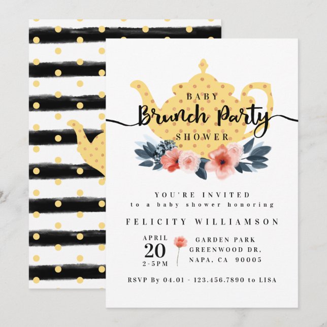 Blumenstrauß Tee Party Gelbe Babydusche Einladung (Vorne/Hinten)
