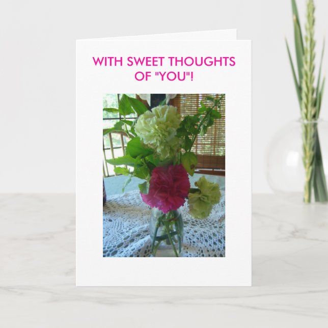 Blumenstrauß u. Häkelarbeit, MIT SÜSSEM THOUGHTSOF Karte (Vorderseite)