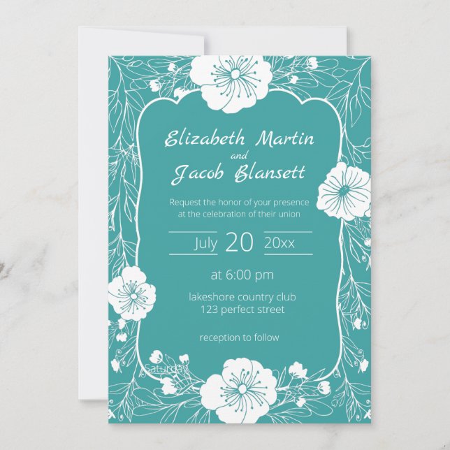 Blumenstrauß und Aquamarine Hochzeitseinladung Einladung (Vorderseite)