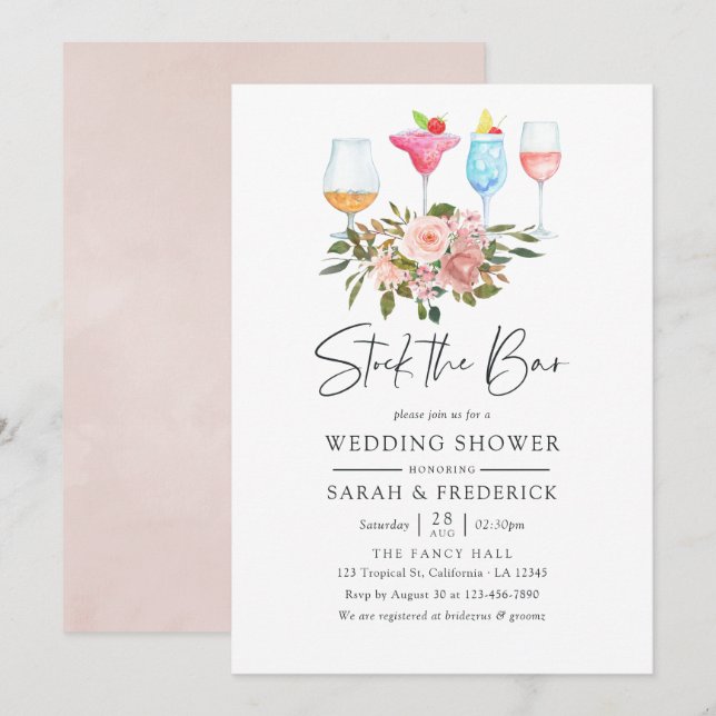 Blumenstrauß und Rose Gold Stock Bar Einladung (Vorne/Hinten)