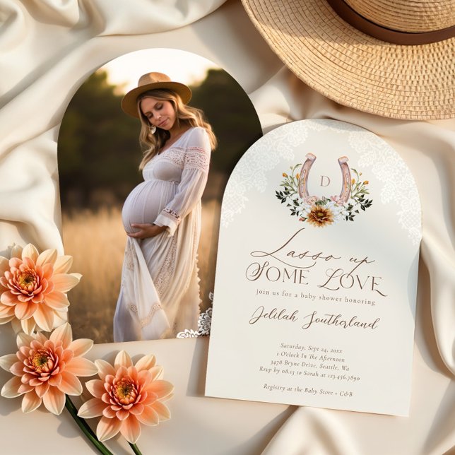 Blumenstrauß Western Horseshoe Foto Arch Babydusch Einladung (Lasso Love Floral Western Horseshoe Photo Arch Invitation)