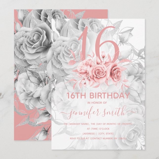 Blumensüß 16. Girly Rose Gold & Silber Einladung (Vorne/Hinten)
