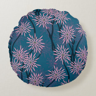 Blumentapete: Asiatisch marineblau, rosa. Rundes Kissen