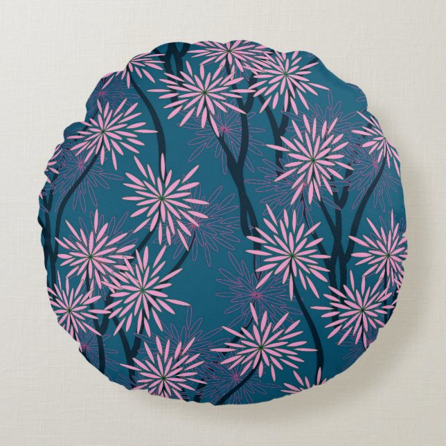 Blumentapete: Asiatisch marineblau, rosa. Rundes Kissen (Vorderseite)
