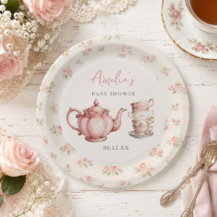 Blumentee-Service und Teetassen Rosa Baby Shower Pappteller