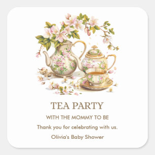 Blumenteekanne-Teeparty Teezeit Baby Shower  Quadratischer Aufkleber