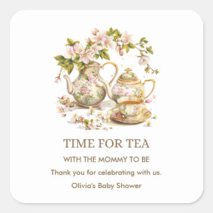 Blumenteekanne Zeit für Tee Baby Shower  Quadratischer Aufkleber
