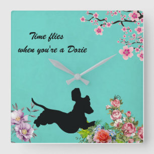 Blumentürkis-Dackel-Silhouette-Wand-Uhr Quadratische Wanduhr