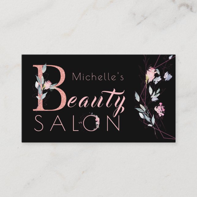 Blumentypografie Glitzer Pink Black Glam Salon Visitenkarte (Vorderseite)