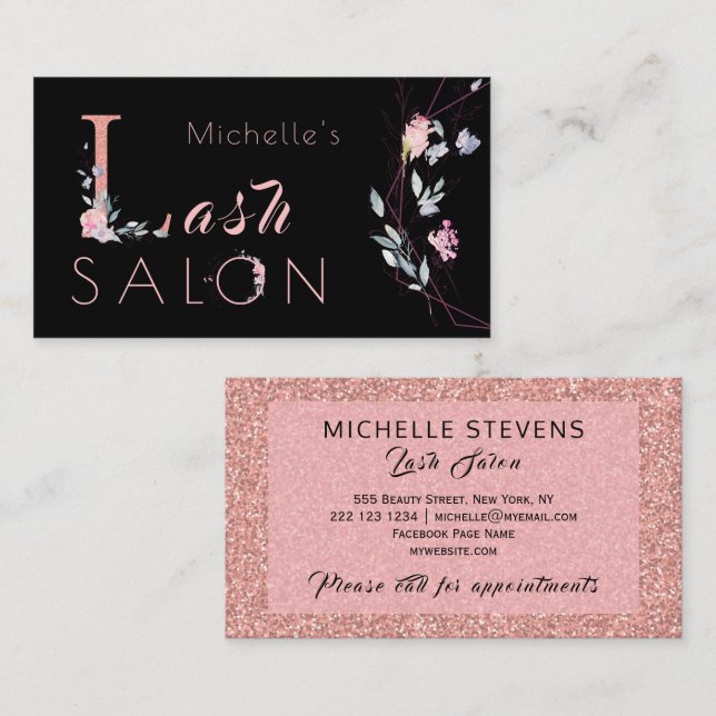 Blumentypografie Glitzer Pink Black Glam Salon Visitenkarte (Vorne/Hinten)