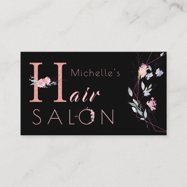 Blumentypografie Glitzer Pink Black Glam Salon Visitenkarte (Vorderseite)