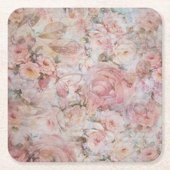 Blumentypographie der rustikalen eleganten rosa rechteckiger pappuntersetzer (Vorderseite)