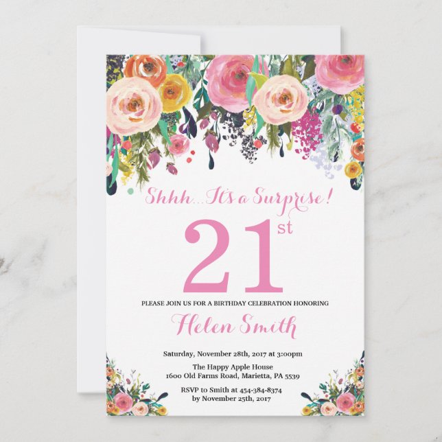 Blumenüberraschung 21. Geburtstag Einladung Pink (Vorderseite)