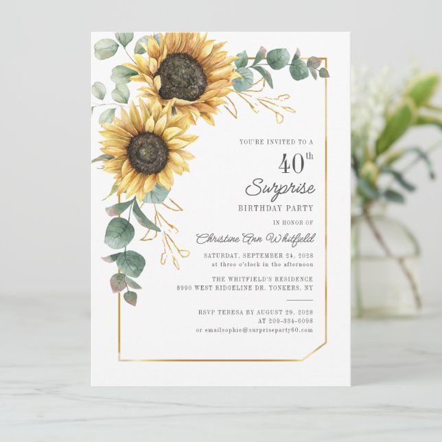 Blumenüberraschung 40. Geburtstag Sonnenblume Euka Einladung (Stehend Vorderseite)
