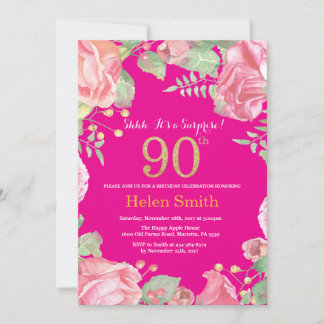Blumenüberraschung 90. Geburtstag Gold und Hot Pin Einladung