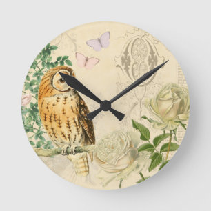 Blumenuhr mit Eule im Vintage-Stil mit schönen Ros Runde Wanduhr