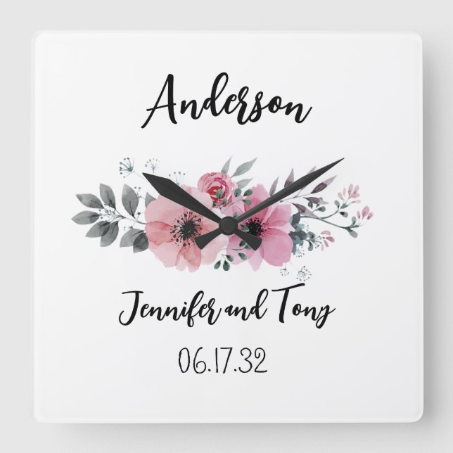 Blumenuhr Rosa Blume und Hochzeitsgeschenk für Ros Quadratische Wanduhr (Vorderseite)