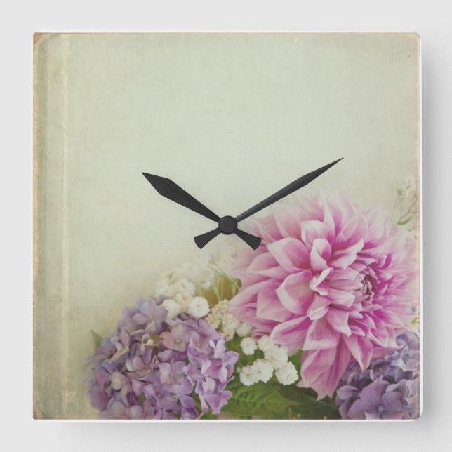 Blumenuhr - rosa und Lavendel Quadratische Wanduhr (Vorderseite)